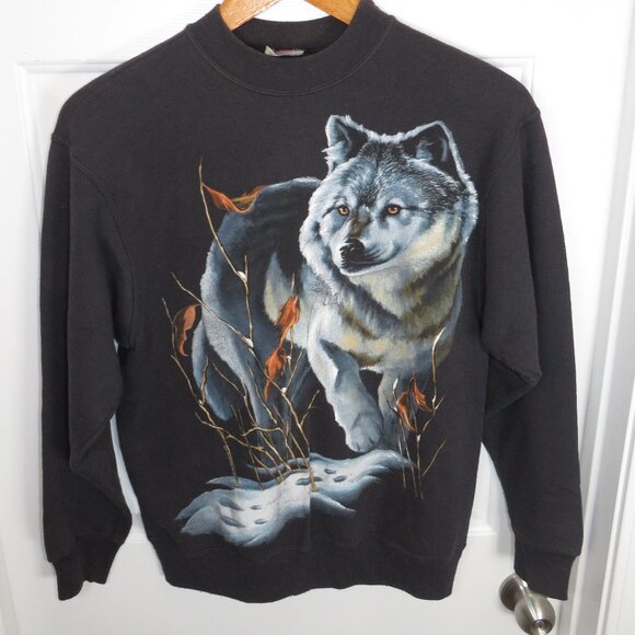 Vintage Hanes Double Sided Wolf Print Nature High Crewneck Sweatshirt 90s Medium - Picture 1 of 5